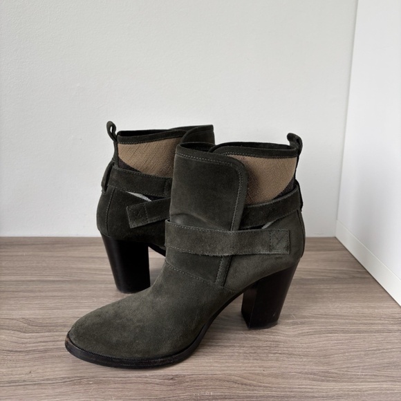 Burberry Ankle Boots Suede Chunky Heel Boots Green - Nova Check Plaide Sz 10 us - Picture 3 of 11